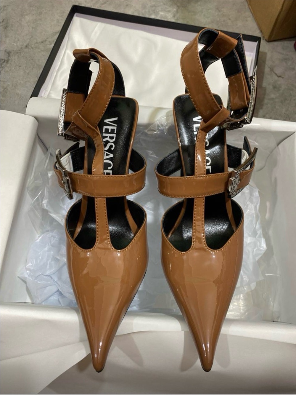 Versace Vero Cuoio Brown Patent T-Strap Heeled Pumps with Buckle $99 ONLY